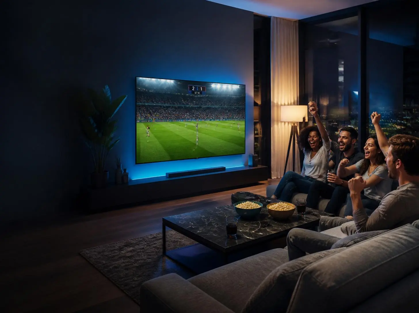 Friends watching live Premier League football on IP-TV UK in a modern UK living room