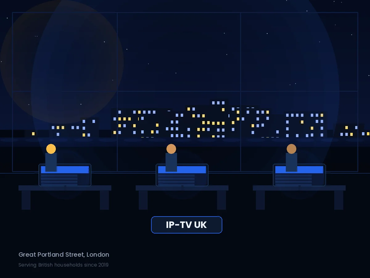 IP-TV UK team working at our Great Portland Street London offices with London skyline at night